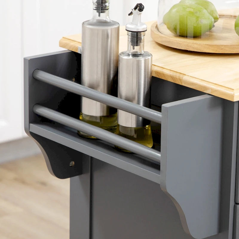 Kitchen Island with Storage, Rolling Kitchen Serving Cart with Rubber Wood Top, Storage Drawer and Cabinet