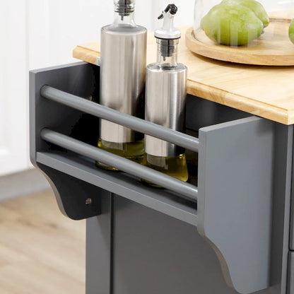 Kitchen Island with Storage, Rolling Kitchen Serving Cart with Rubber Wood Top, Storage Drawer and Cabinet