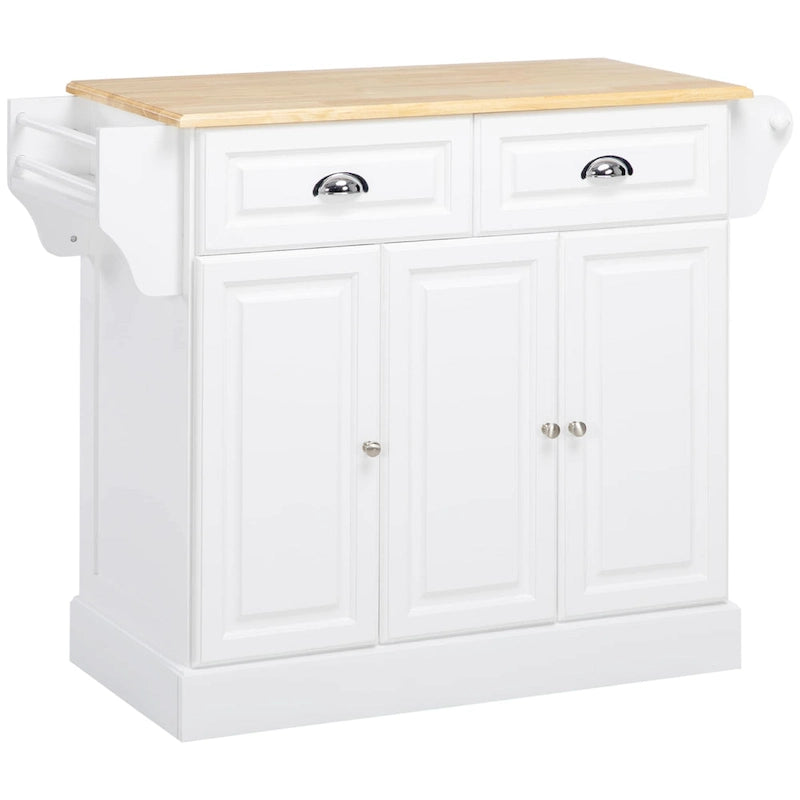 Kitchen Island with Storage, Rolling Kitchen Serving Cart with Rubber Wood Top, Storage Drawer and Cabinet