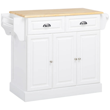 Kitchen Island with Storage, Rolling Kitchen Serving Cart with Rubber Wood Top, Storage Drawer and Cabinet