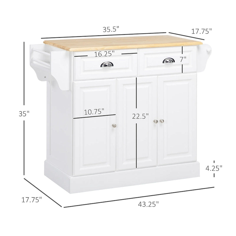 Kitchen Island with Storage, Rolling Kitchen Serving Cart with Rubber Wood Top, Storage Drawer and Cabinet