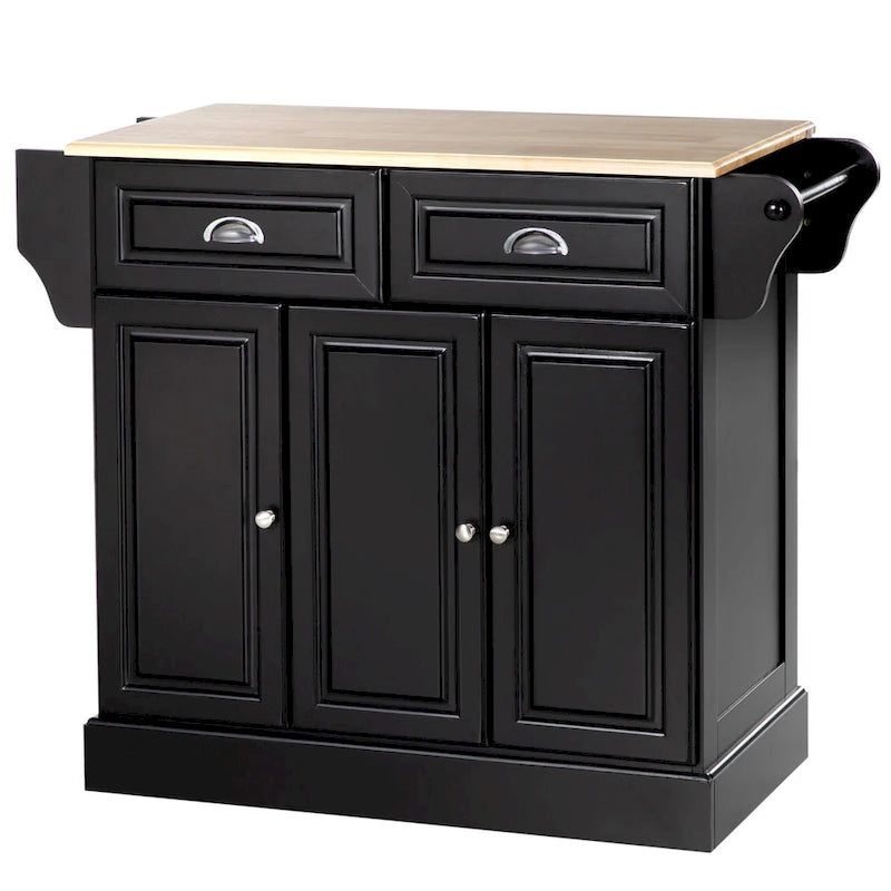 Kitchen Island with Storage, Rolling Kitchen Serving Cart with Rubber Wood Top, Storage Drawer and Cabinet