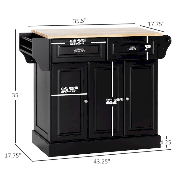 Kitchen Island with Storage, Rolling Kitchen Serving Cart with Rubber Wood Top, Storage Drawer and Cabinet