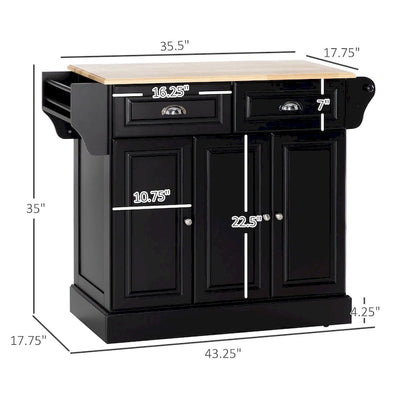 Kitchen Island with Storage, Rolling Kitchen Serving Cart with Rubber Wood Top, Storage Drawer and Cabinet