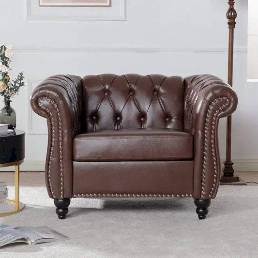 Oversized Brown Faux Leather Tufted Sofa Chair - 32.09 x 38.98 x 28.35
