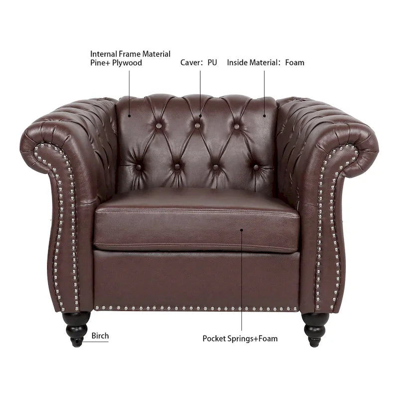 Oversized Brown Faux Leather Tufted Sofa Chair - 32.09 x 38.98 x 28.35