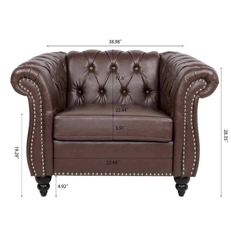 Oversized Brown Faux Leather Tufted Sofa Chair - 32.09 x 38.98 x 28.35
