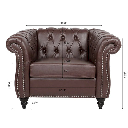 Oversized Brown Faux Leather Tufted Sofa Chair - 32.09 x 38.98 x 28.35