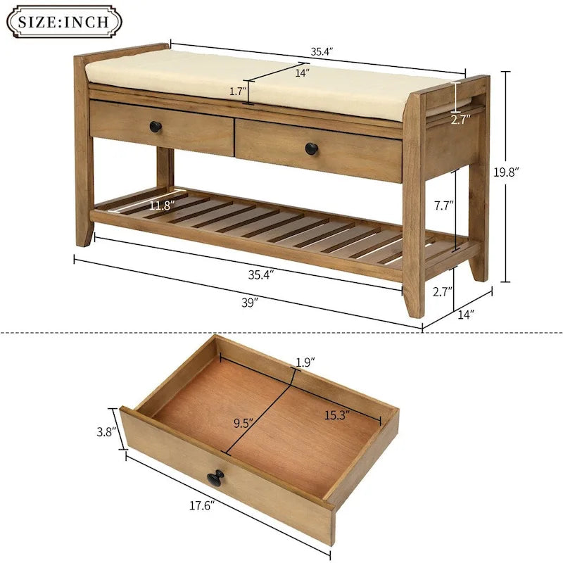 Shoe Rack with Cushioned Seat and Drawers, Multipurpose Entryway Storage Bench