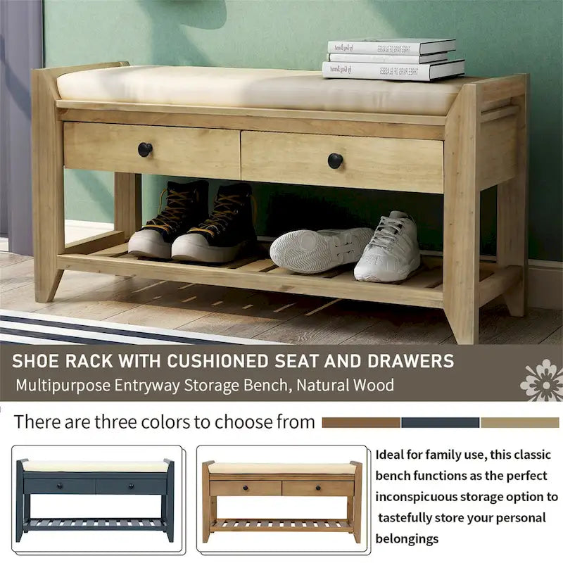 Shoe Rack with Cushioned Seat and Drawers, Multipurpose Entryway Storage Bench