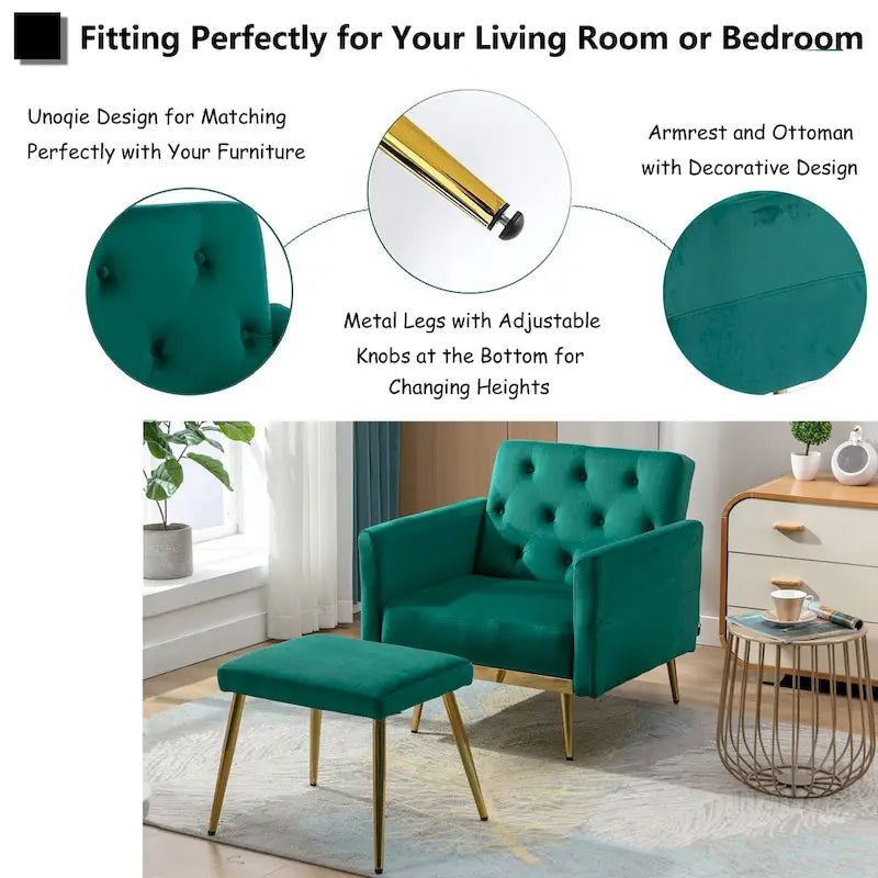 HOMEFUN Velvet Tufted Adjustable Armrests and Backrest Armchair with Ottoman