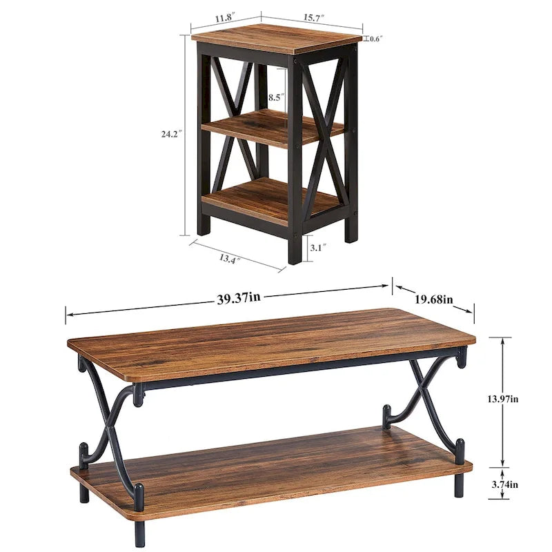 Javlergo Modern 3 Piece Coffee Table Set for Living Room Include Wood Coffee Table and End Table Set of 2