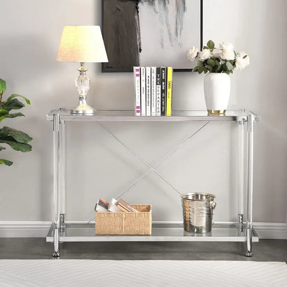 Grondin Modern Contemporary 2-Tier Console Table with Tempered Glass Top, Bottom Shelf, Steel and Acrylic Frame
