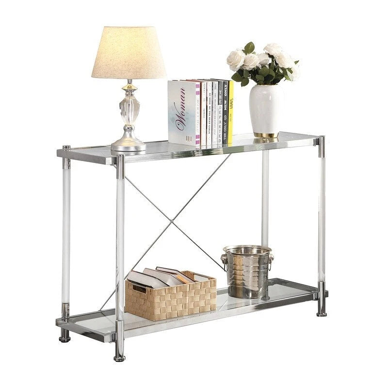 Grondin Modern Contemporary 2-Tier Console Table with Tempered Glass Top, Bottom Shelf, Steel and Acrylic Frame