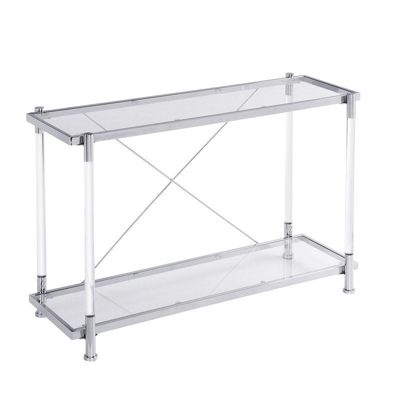 Grondin Modern Contemporary 2-Tier Console Table with Tempered Glass Top, Bottom Shelf, Steel and Acrylic Frame