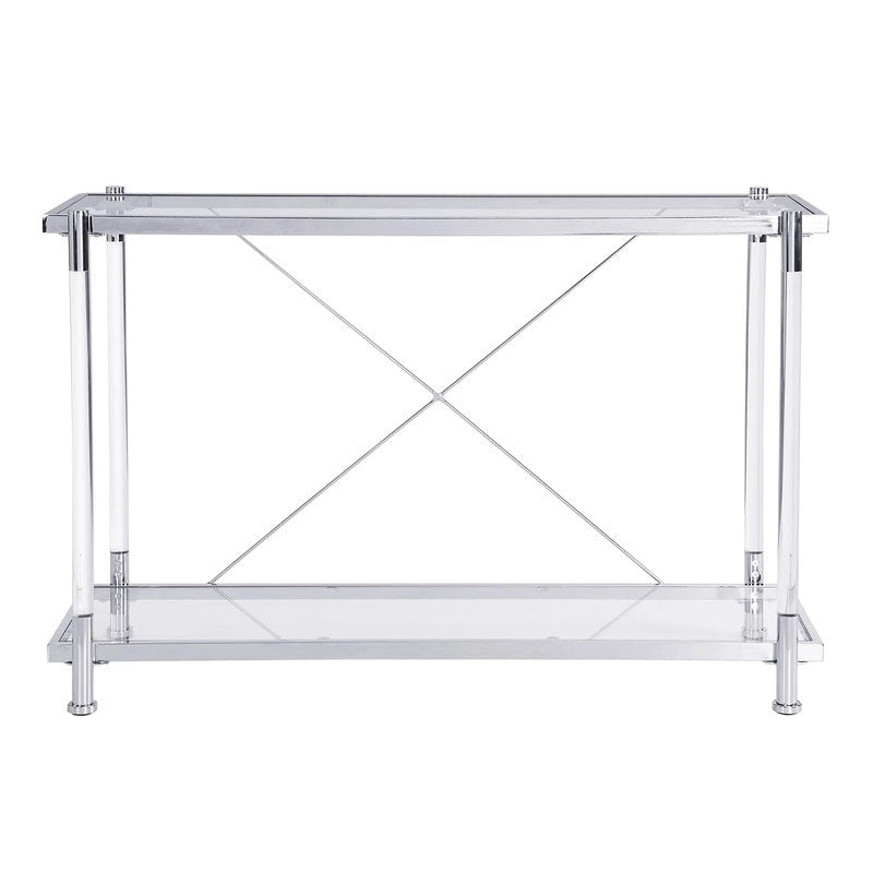 Grondin Modern Contemporary 2-Tier Console Table with Tempered Glass Top, Bottom Shelf, Steel and Acrylic Frame