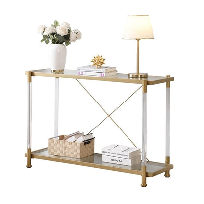 Grondin Modern Contemporary 2-Tier Console Table with Tempered Glass Top, Bottom Shelf, Steel and Acrylic Frame