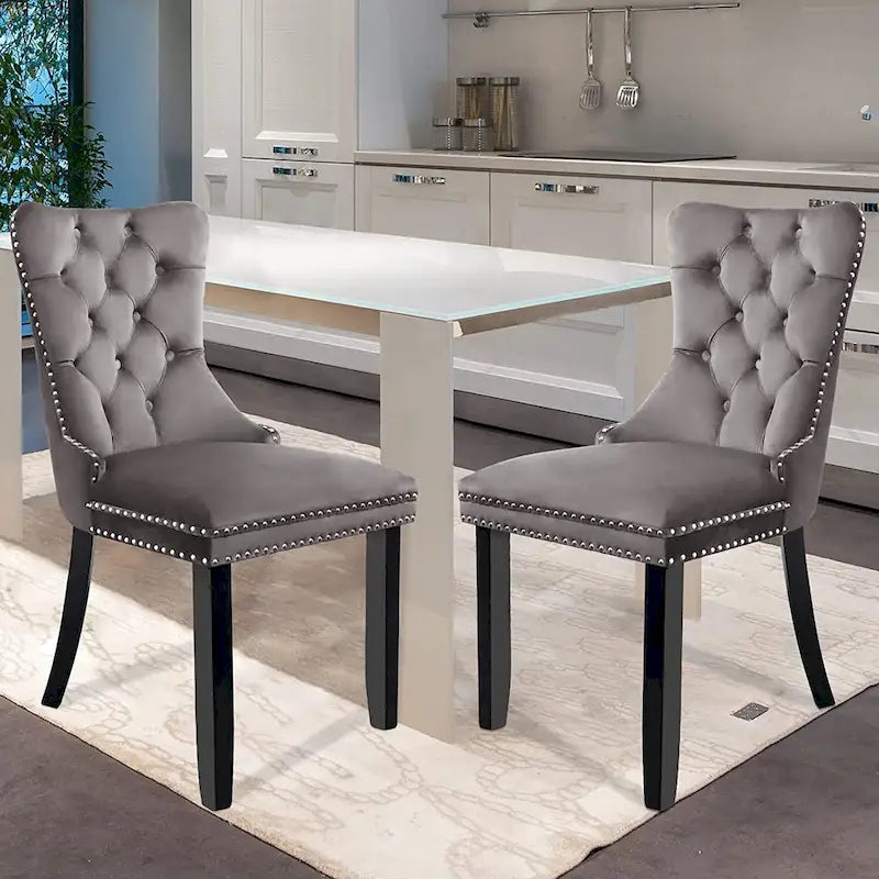 Velvet Dining Chairs Set of 2, Upholstered High-end Tufted Dining Room Chair with Nailhead Back Ring Pull Trim Solid Wood Legs