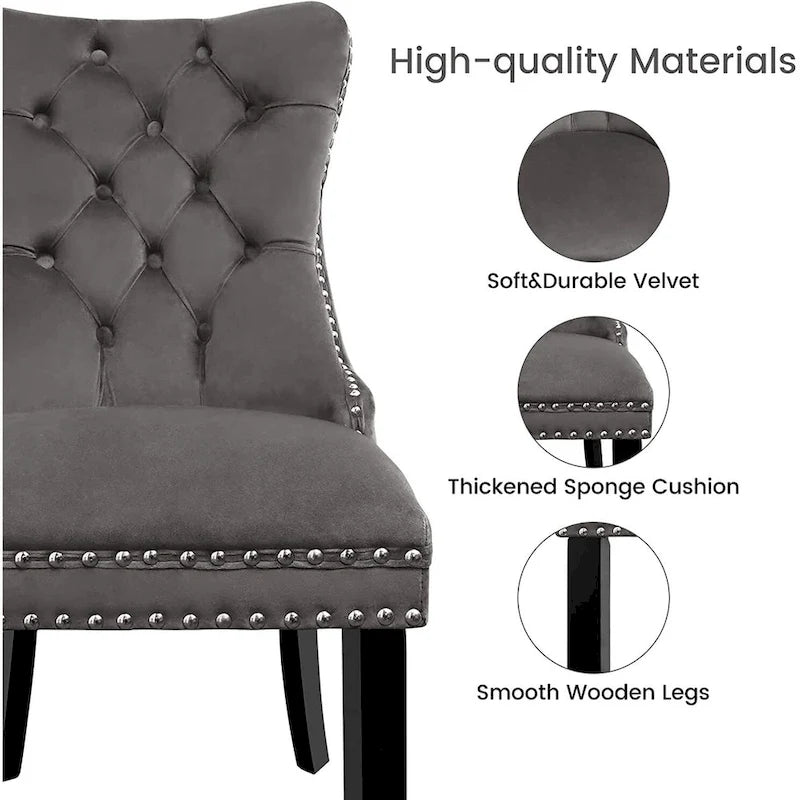 Velvet Dining Chairs Set of 2, Upholstered High-end Tufted Dining Room Chair with Nailhead Back Ring Pull Trim Solid Wood Legs