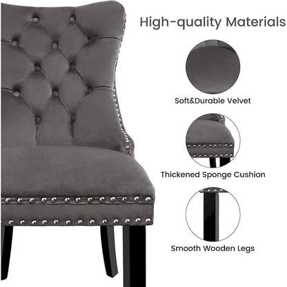 Velvet Dining Chairs Set of 2, Upholstered High-end Tufted Dining Room Chair with Nailhead Back Ring Pull Trim Solid Wood Legs
