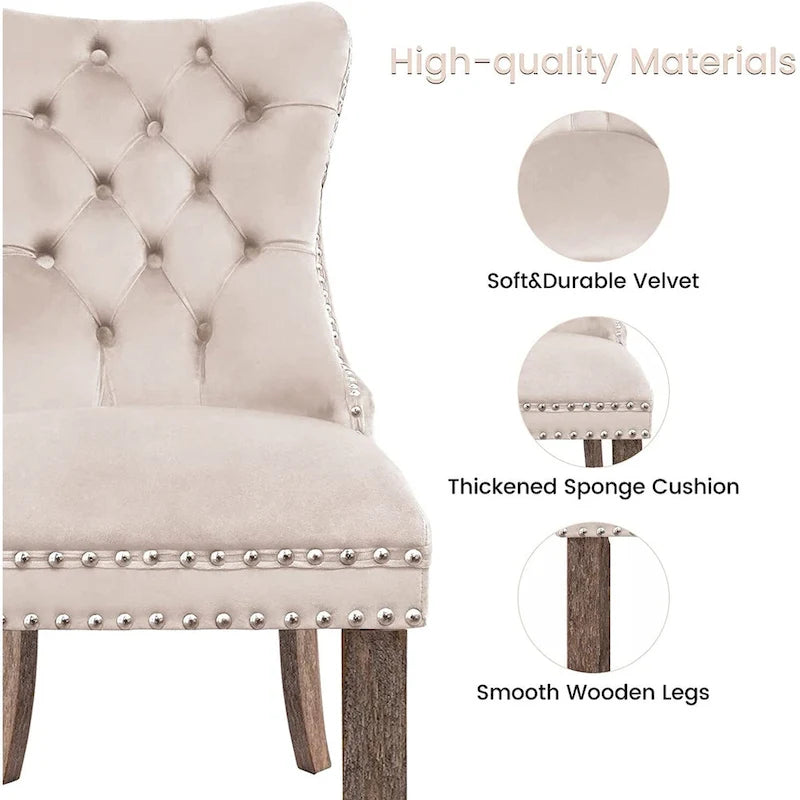 Velvet Dining Chairs Set of 2, Upholstered High-end Tufted Dining Room Chair with Nailhead Back Ring Pull Trim Solid Wood Legs