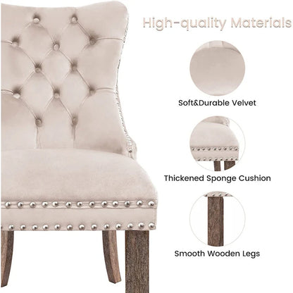 Velvet Dining Chairs Set of 2, Upholstered High-end Tufted Dining Room Chair with Nailhead Back Ring Pull Trim Solid Wood Legs