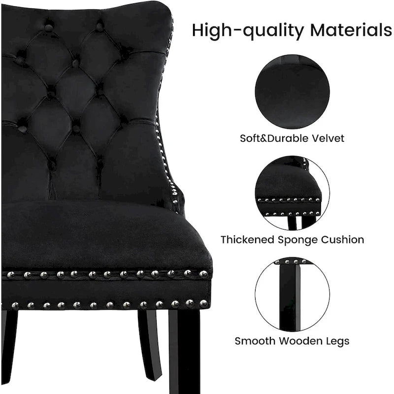 Velvet Dining Chairs Set of 2, Upholstered High-end Tufted Dining Room Chair with Nailhead Back Ring Pull Trim Solid Wood Legs
