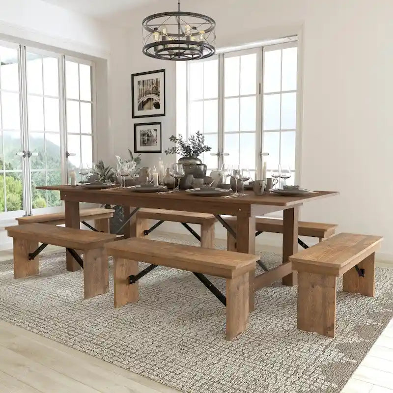Solid Pine Folding Farm Table Set with 6 Benches