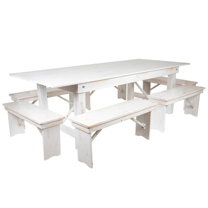 Solid Pine Folding Farm Table Set with 6 Benches