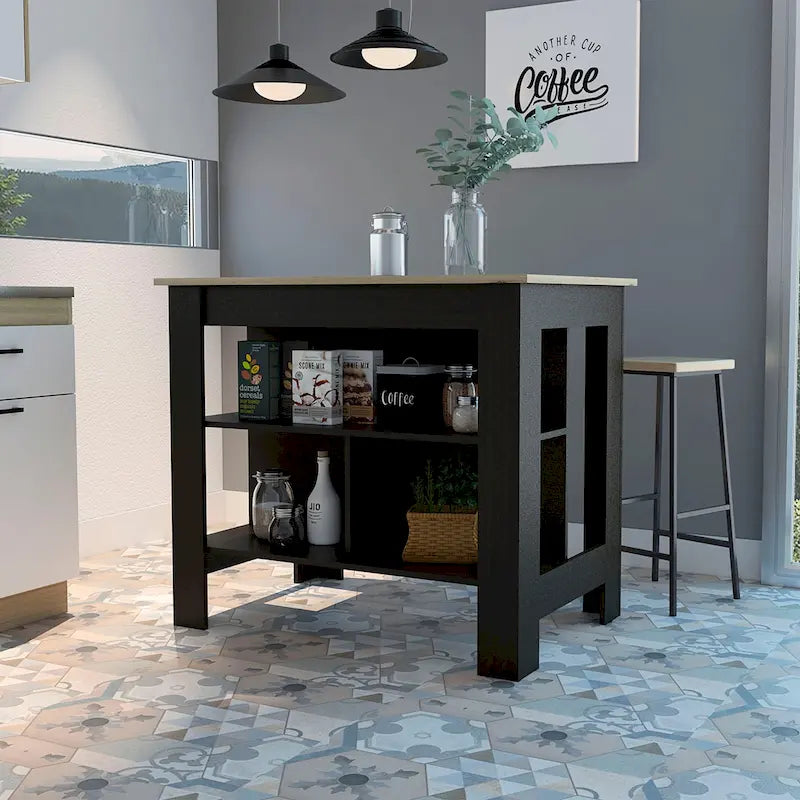 FM Furniture Brooklyn Kitchen Island, Three Concealed Shelves