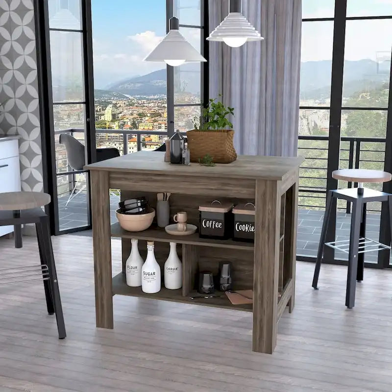 FM Furniture Brooklyn Kitchen Island, Three Concealed Shelves