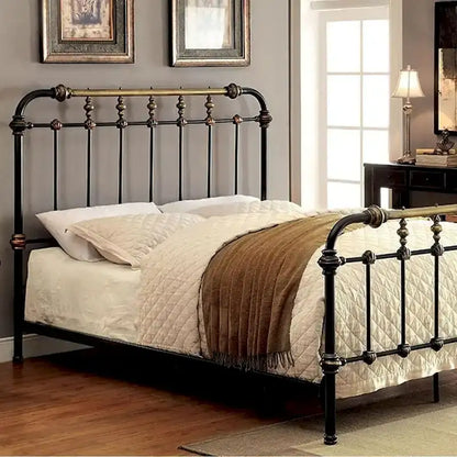 Queen Size Metal Bed with Spindle and Ornamental Accents, Black and Gold