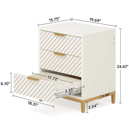 White and Gold Night Stands for Bedrooms Light Wood Grain Nightstands with 3 Drawers