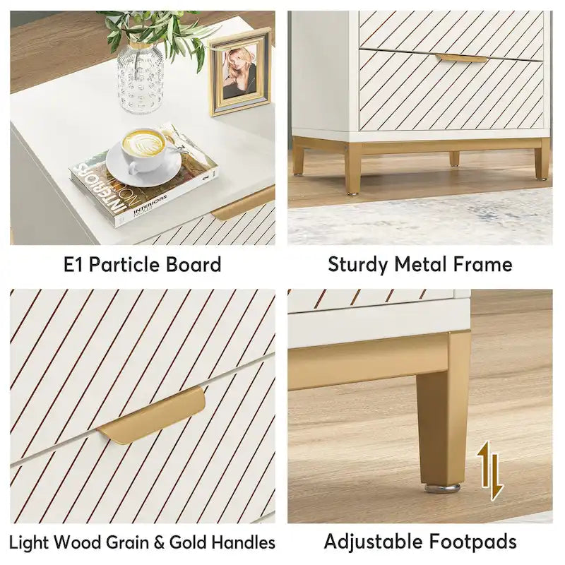 White and Gold Night Stands for Bedrooms Light Wood Grain Nightstands with 3 Drawers