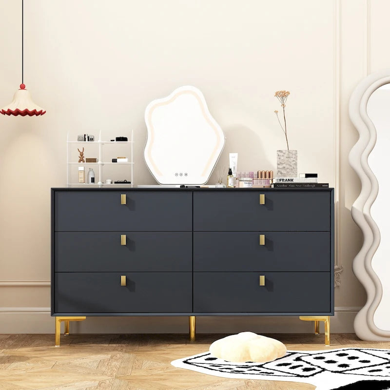 Dresser 6 Drawer Wood Dresser for Bedroom with Storage Modern Gold