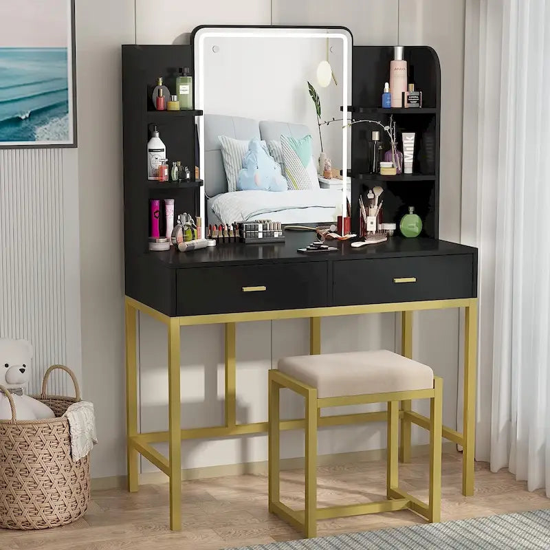 Makeup Vanity Dressing Table with LED Lights, Storage Shelves, Cushioned Stool & 2 Drawers
