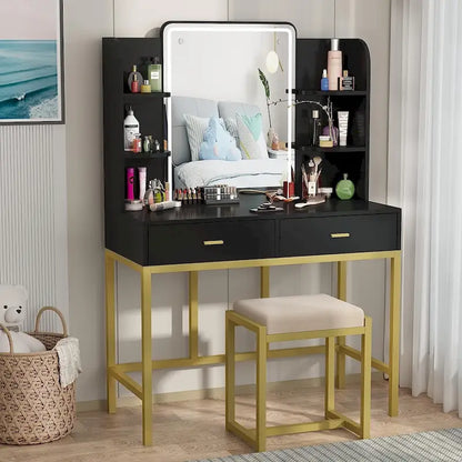 Makeup Vanity Dressing Table with LED Lights, Storage Shelves, Cushioned Stool & 2 Drawers