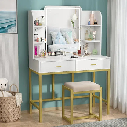 Makeup Vanity Dressing Table with LED Lights, Storage Shelves, Cushioned Stool & 2 Drawers