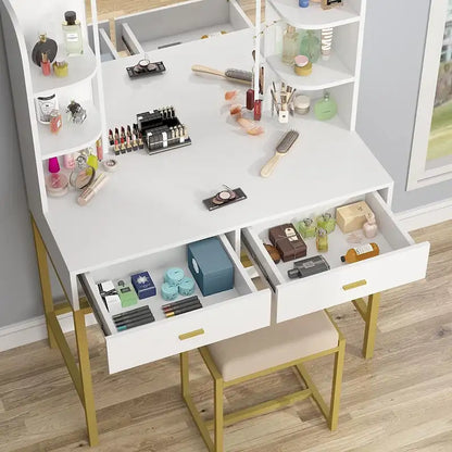Makeup Vanity Dressing Table with LED Lights, Storage Shelves, Cushioned Stool & 2 Drawers