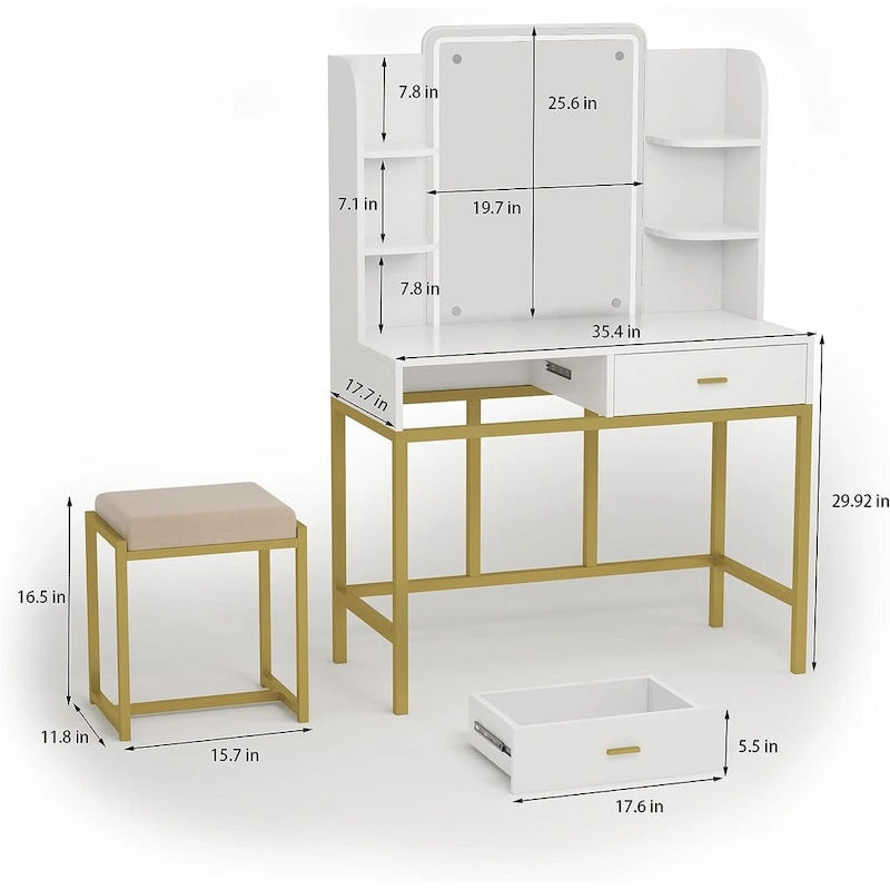 Makeup Vanity Dressing Table with LED Lights, Storage Shelves, Cushioned Stool & 2 Drawers