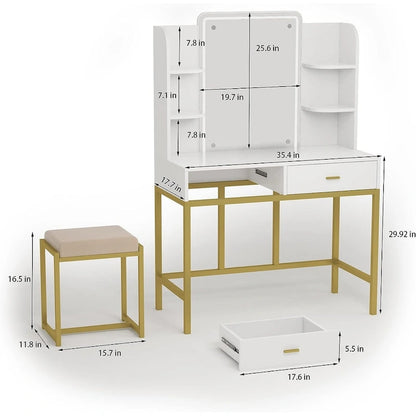 Makeup Vanity Dressing Table with LED Lights, Storage Shelves, Cushioned Stool & 2 Drawers