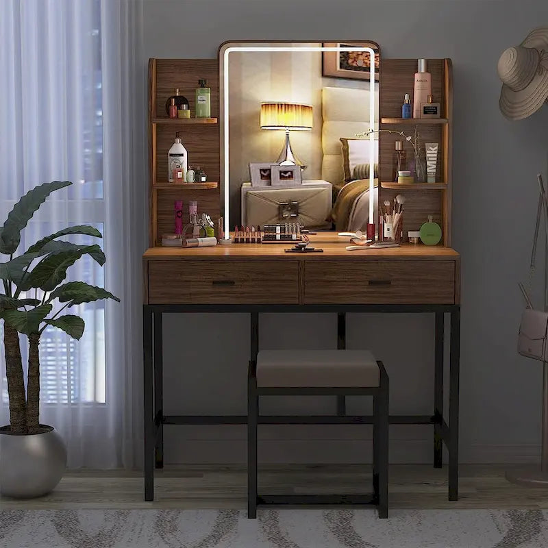 Makeup Vanity Dressing Table with LED Lights, Storage Shelves, Cushioned Stool & 2 Drawers
