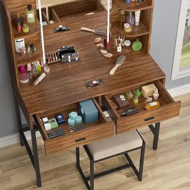 Makeup Vanity Dressing Table with LED Lights, Storage Shelves, Cushioned Stool & 2 Drawers