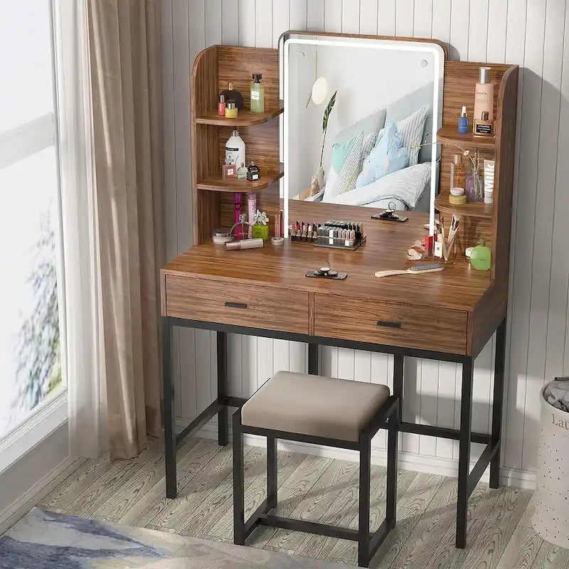 Makeup Vanity Dressing Table with LED Lights, Storage Shelves, Cushioned Stool & 2 Drawers