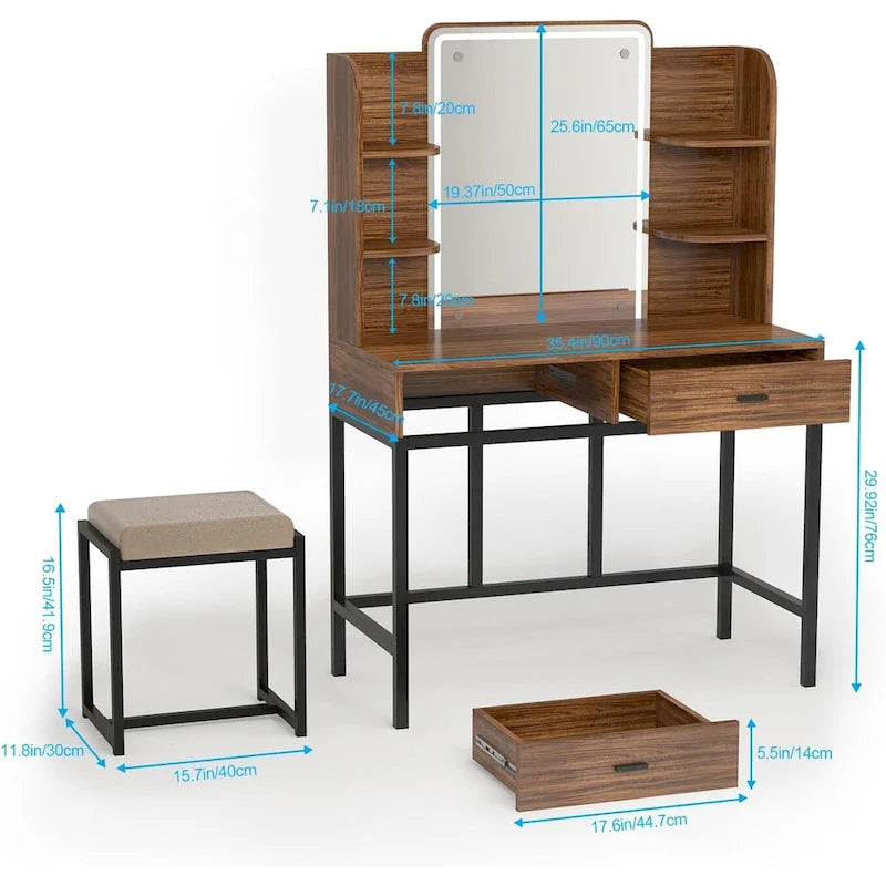 Makeup Vanity Dressing Table with LED Lights, Storage Shelves, Cushioned Stool & 2 Drawers