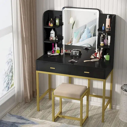 Makeup Vanity Dressing Table with LED Lights, Storage Shelves, Cushioned Stool & 2 Drawers