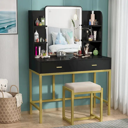 Makeup Vanity Dressing Table with LED Lights, Storage Shelves, Cushioned Stool & 2 Drawers