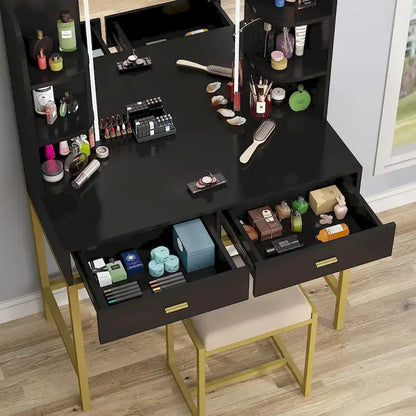 Makeup Vanity Dressing Table with LED Lights, Storage Shelves, Cushioned Stool & 2 Drawers