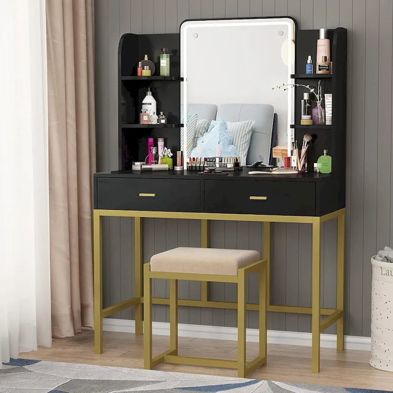 Makeup Vanity Dressing Table with LED Lights, Storage Shelves, Cushioned Stool & 2 Drawers