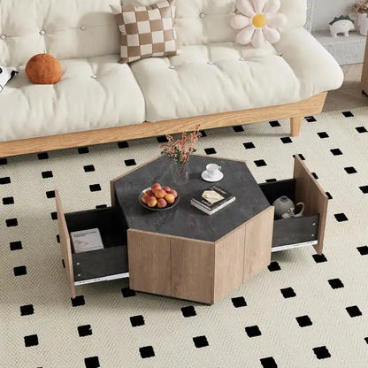 Hexagonal Garden Retro Coffee Table with 2 Drawers